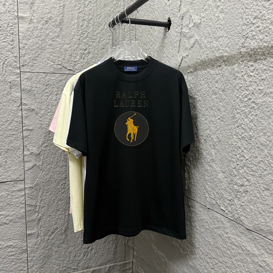 🅿️180 Polo* Ralph Lauren 2025 spring and summer new style Classic letter pony print custom double yarn plain cotton fabric short-sleeved T-shirt for men and women Color: black white Size: S (90-130 pounds) M (120-150 pounds) L (140-165 pounds) XL (160-180 pounds) XXL (180-210 pounds)
